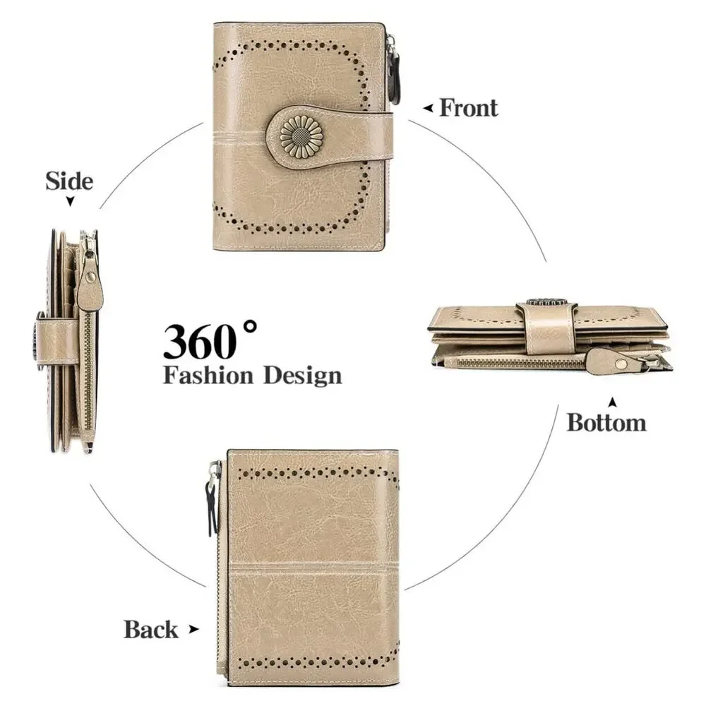 Sendefn Wallet Womens Beige Leather Bi-fold Zipper Coin Pocket RFID Blocking - Picture 4 of 7